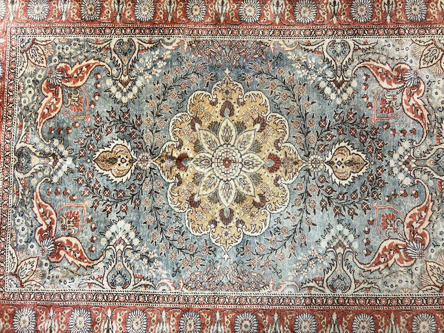 Silk Turkish Rug 5x7, Light Blue Silk Carpet, Floral Medallion, Turkish Kayseri Rug, Vintage Handmade Oriental Rug