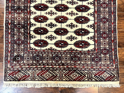 Pakistani Bokhara Rug 4x6 Vintage Handmade Wool Carpet Ivory Turkoman Style