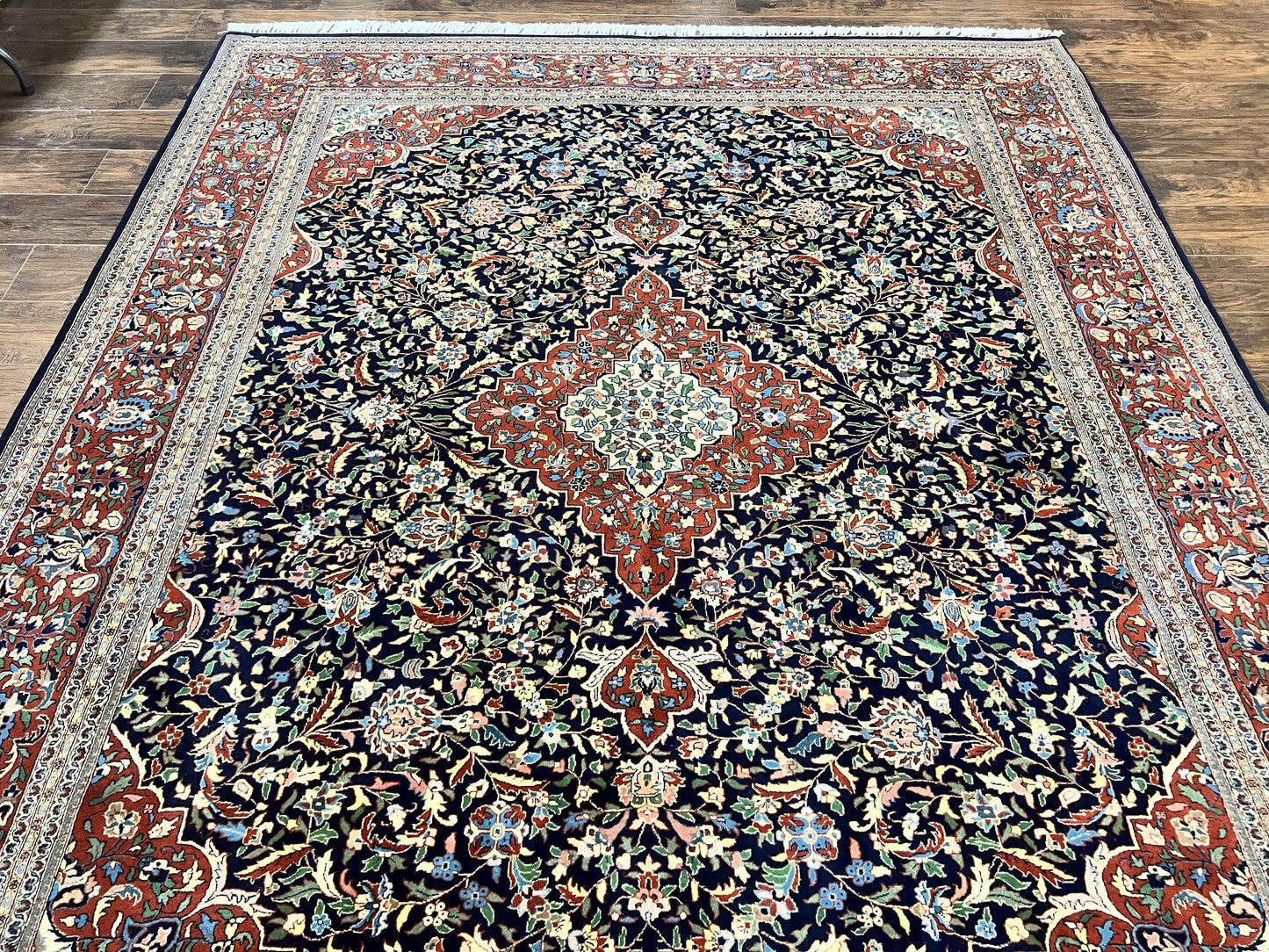 Indo Persian Rug 8x10 Floral Medallion Vintage Handmade Wool Carpet Navy Blue Red 300 KPSI