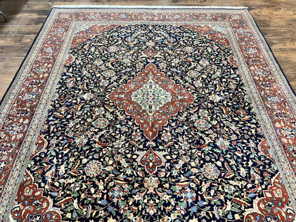 Indo Persian Rug 8x10 Floral Medallion Vintage Handmade Wool Carpet Navy Blue Red 300 KPSI