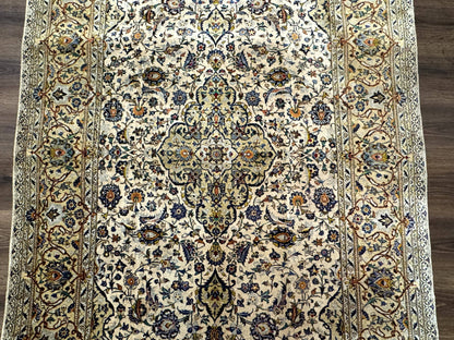 Antique Silk Persian Kashan Rug 4 Ft 6 In By 7 Ft 2 In Ivory Field With Floral Motifs