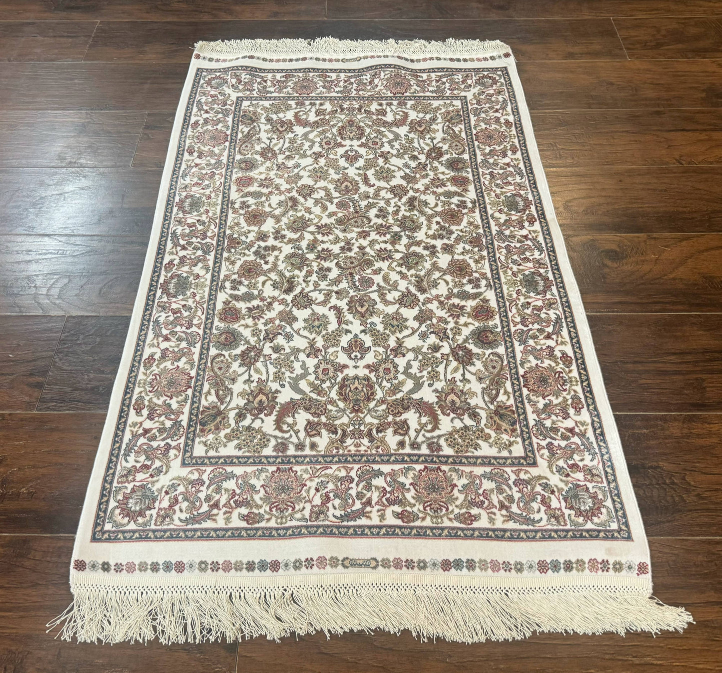 Turkish Silk Rug 2.6 x 4 Ivory Allover Floral Design Bamboo Silk