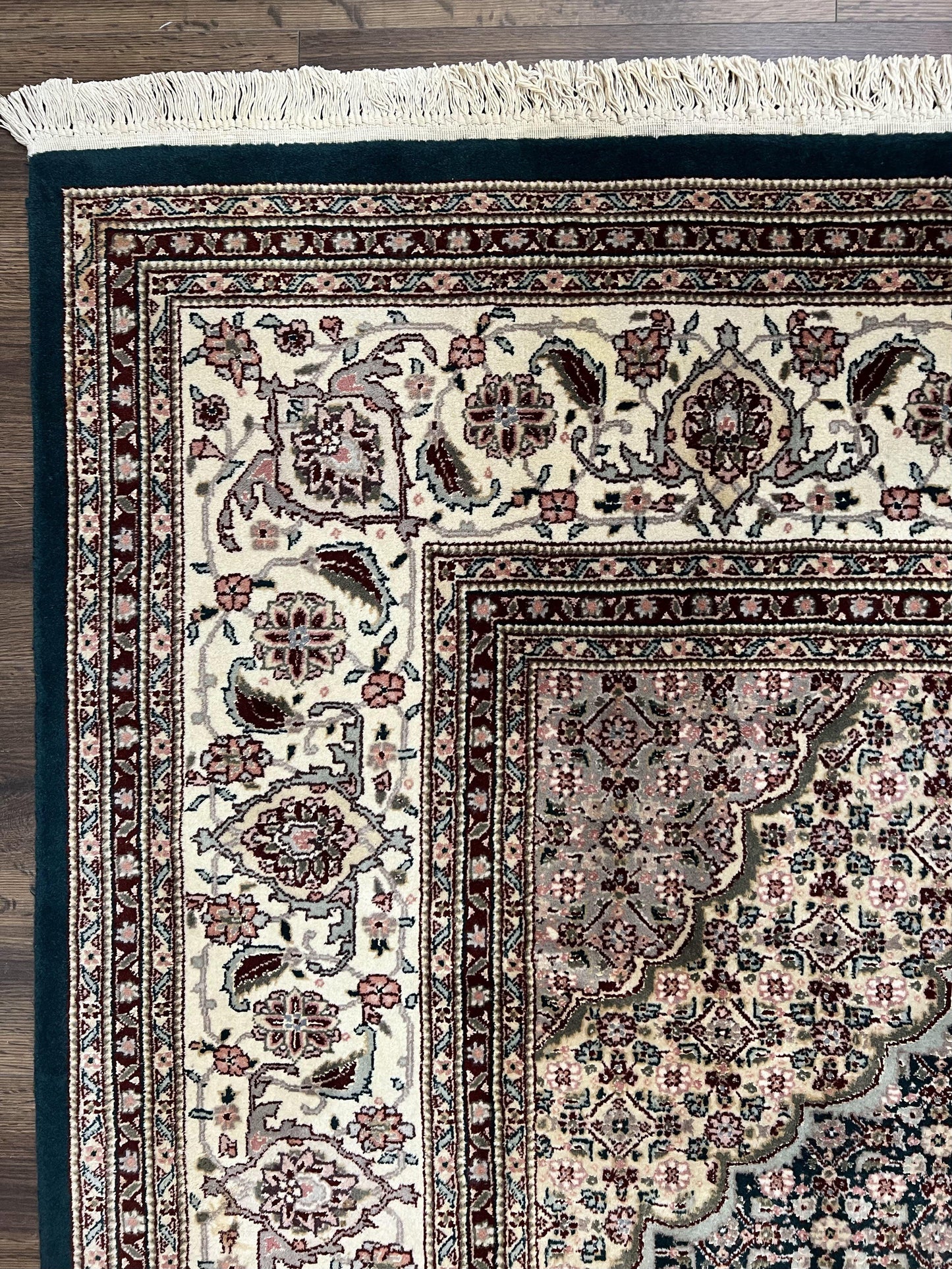 Sino Persian Rug 9x12, Dark Green and Ivory, Medallion, Mahi Herati, Elegant Oriental Carpet, Wool Hand Knotted Traditional Room Sized Rug