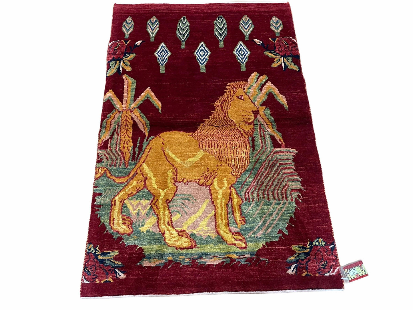 Handmade Wool Rug 3x5 Vintage Lion Pictorial Jungle Rug With Natural Dyes