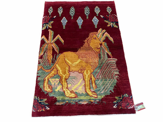 Handmade Wool Rug 3x5 Vintage Lion Pictorial Jungle Rug With Natural Dyes