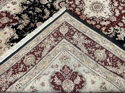 Pak Persian Rug 8.8 x 10.6, Floral Medallion, Wool and Silk Hand Knotted Fine Oriental Carpet, Elegant Rug, Black Gray Burgundy, Room Sized