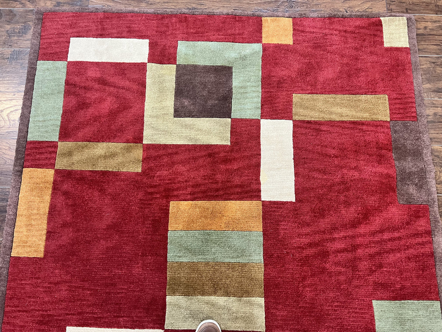 Indo Tibetan Modern Rug 5x8, Abstract Rug 5 x 8 ft, Red Multicolor Wool Handmade Contemporary Area Rug