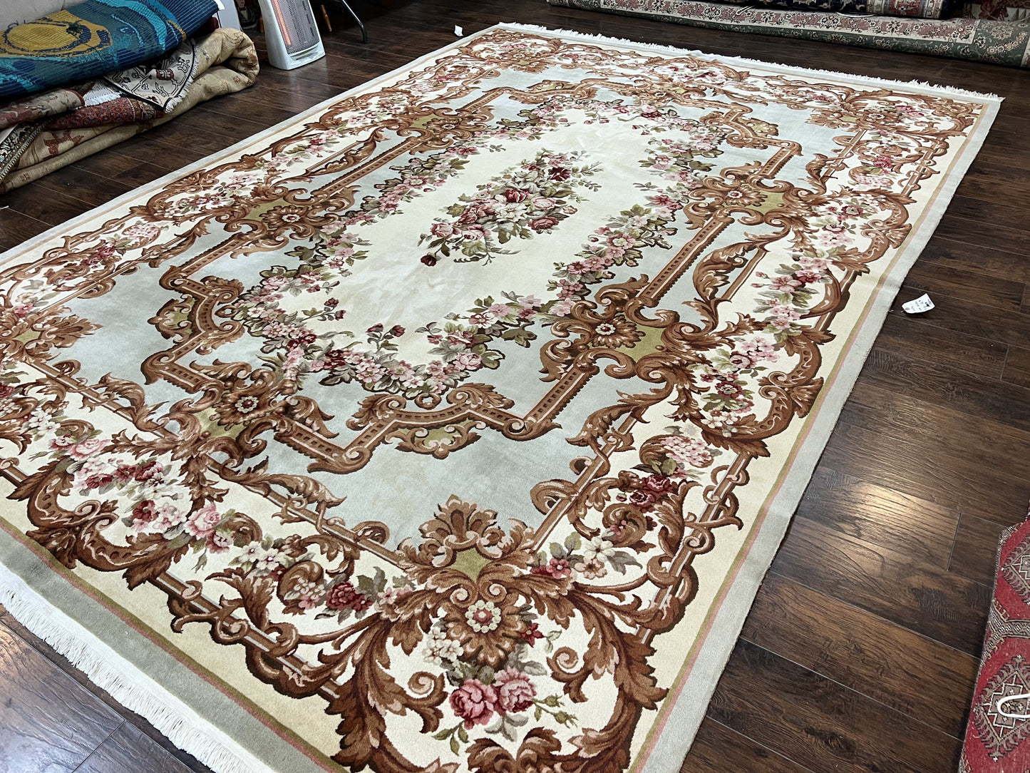 Aubusson Rug 10x13, Cream and Light Mint Green Hand Knotted Handmade French Savonnerie European Carpet, Wool Pile, Large Room Sized Vintage