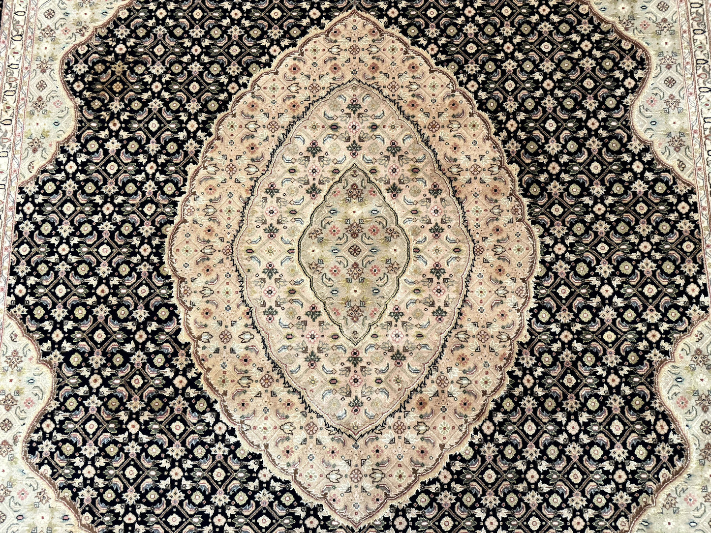 Sino Persian Rug 8x10, Herati Mahi Pattern, Fine 170 KPSI, Black, Wool and Silk Highlights