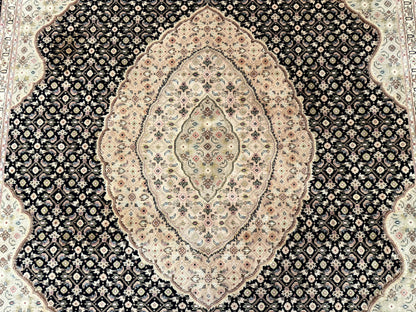 Sino Persian Rug 8x10, Herati Mahi Pattern, Fine 170 KPSI, Black, Wool and Silk Highlights