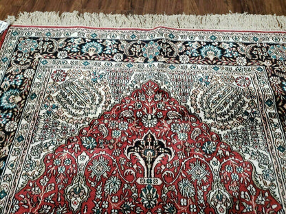 Vintage Kashmir Silk Rug 3x5 Handmade In India Qum Design 400 KPSI