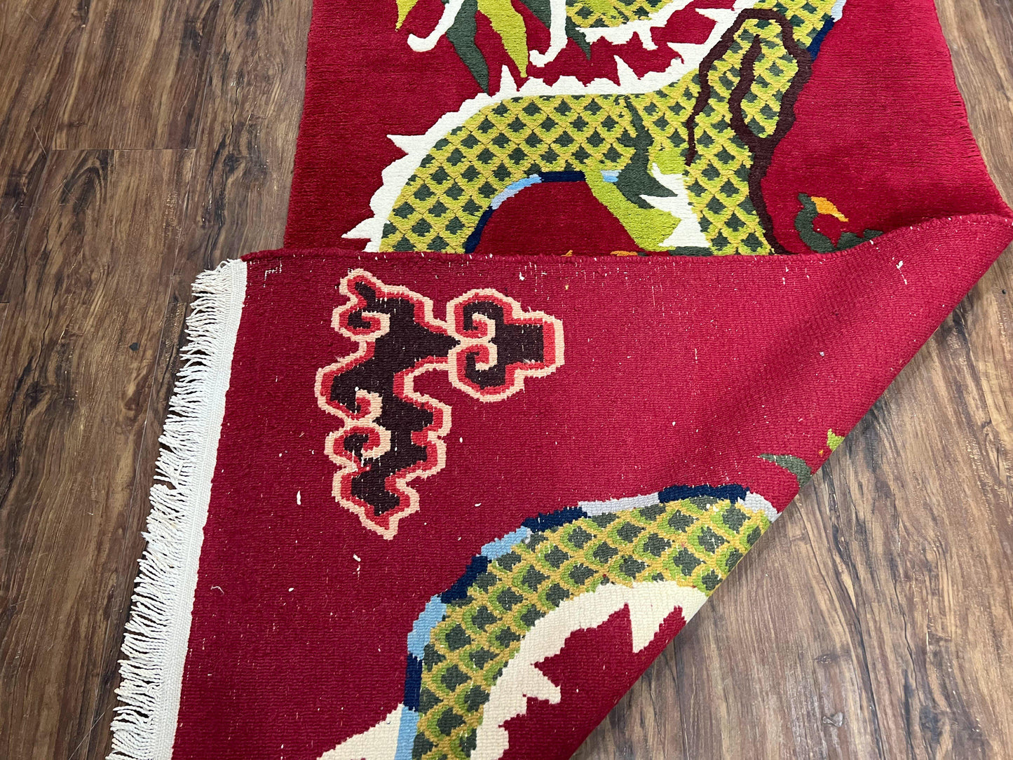 Vintage Chinese Dragon Rug 3 x 6.8, Handmade Hand Knotted Red Chinese Carpet with Gold Dragon, Art Deco Peking Soft Chinese Rug Runner