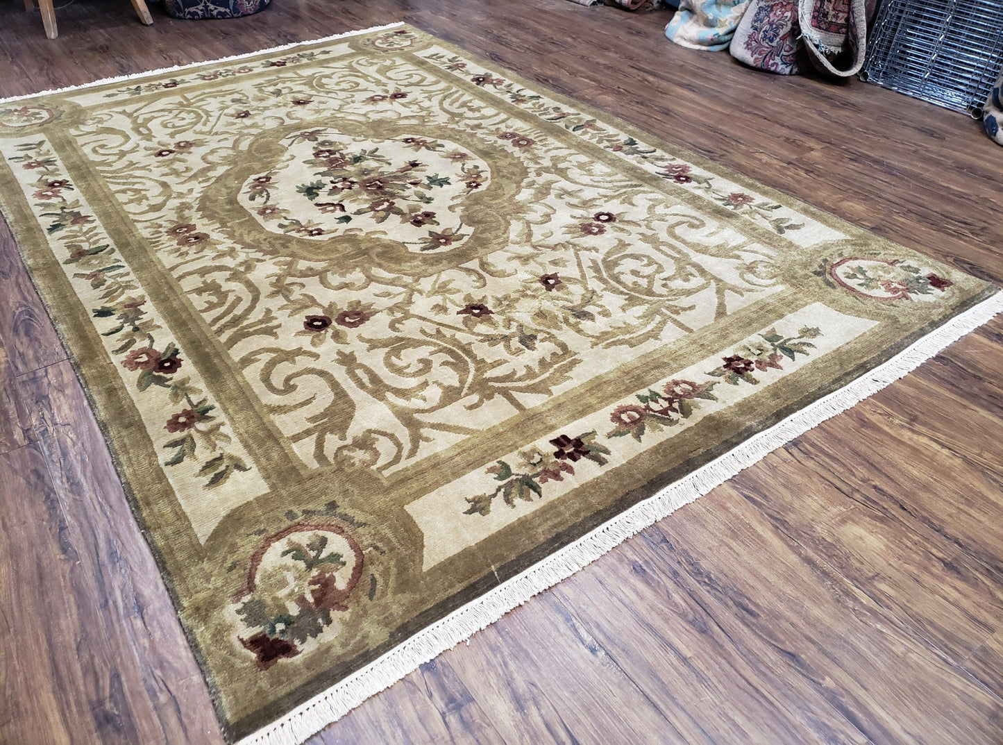 Vintage Nepali Tibetan Aubusson Rug 6x9, Wool Hand-Knotted Cream Beige Carpet, Leaves & Floral Pattern 6 x 9 Soft Area Rug Home Office Rug