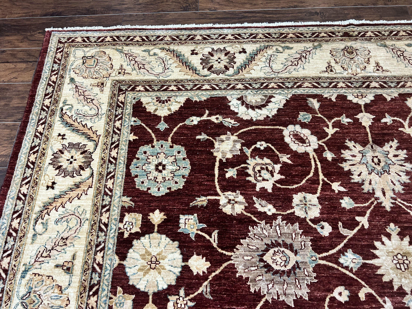 Peshawar Rug 9x11, Pakistani Oriental Carpet, Maroon and Beige, Floral Allover, Wool Hand Knotted Handmade Vintage Rug