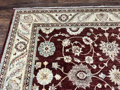 Peshawar Rug 9x11, Pakistani Oriental Carpet, Maroon and Beige, Floral Allover, Wool Hand Knotted Handmade Vintage Rug