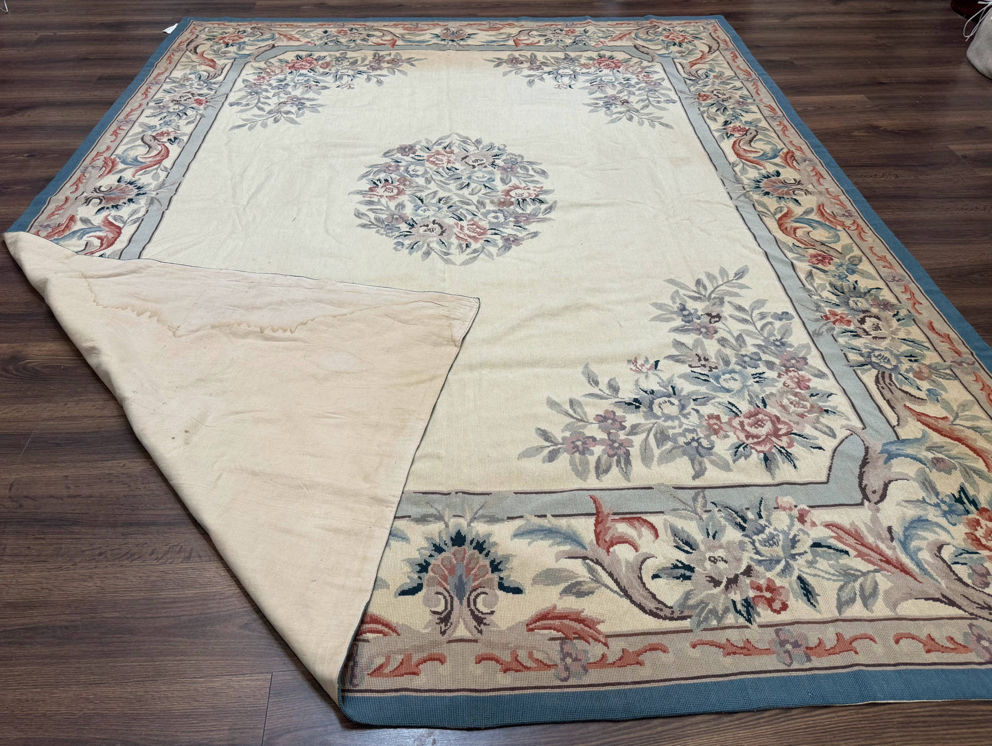 Ivory Needlepoint Rug 8x10, Wool Handmade Carpet