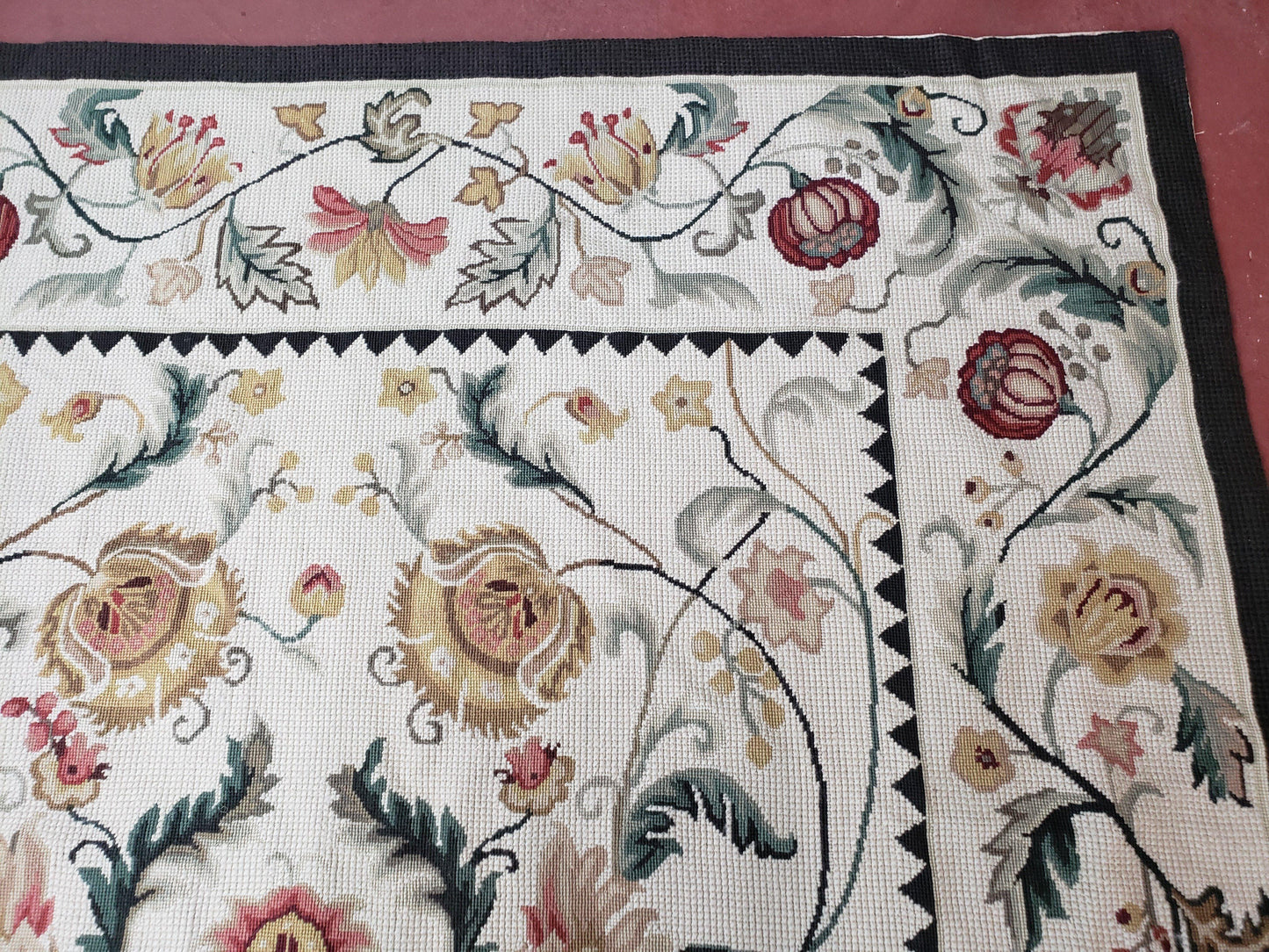 New Needlepoint Rug 9x12, Hand Woven Wool Area Rug, Flatweave Carpet, Handmade Chinese Needlepoint, Floral European Design, Ivory Background