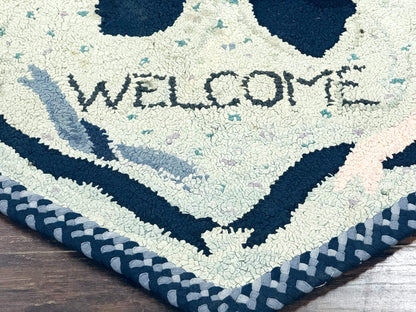 American Hooked Rug Heart Shaped Welcome Mat Vintage Ivory And Blue