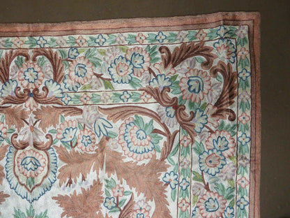 Vintage Hand Stitched Silk On Cotton Rug From India Floral Pattern 46 By 72 Inches