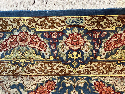 Magnificent Persian Qum Silk Rug 3x5, Blue, Super Fine 675 KPSI - 70 Raj, Floral Roses, Handmade Vintage Silk Carpet, Masterpiece