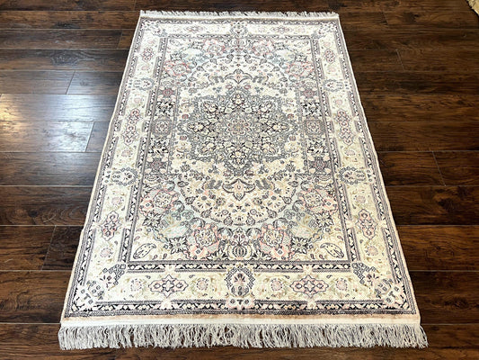Kashmiri Silk Rug 4x6 Handmade Vintage Floral Carpet Ivory Multicolor