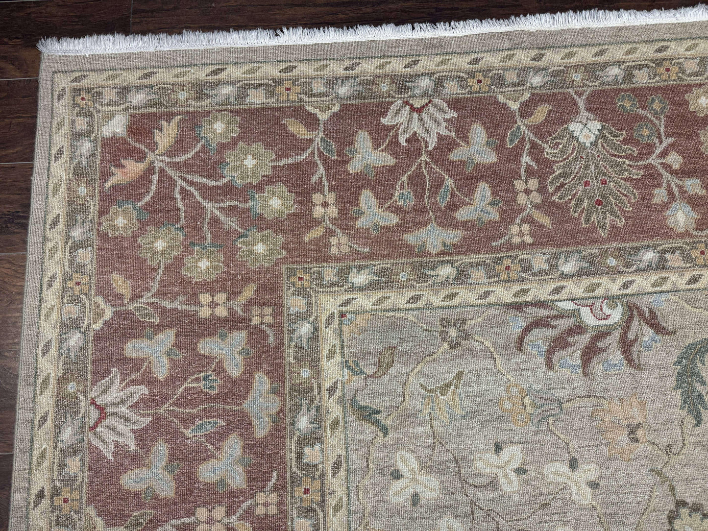 Large Turkish Soumak Rug 10x14, Flatweave Dhurrie, Handmade, Light Green and Salmon