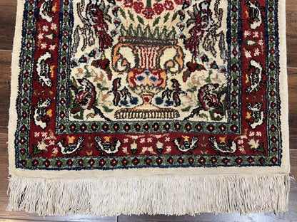 Small Indo Persian Rug 2x3 ft, Wool with Silk Highlights, Animal Pictorial Motifs Birds Vase Flowers, Cream and Maroon, Hand Knotted Fine