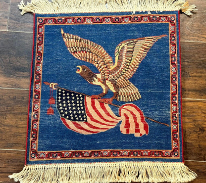 American Flag Bald Eagle Pictorial Rug Indo Persian Handmade Wool Hand Knotted