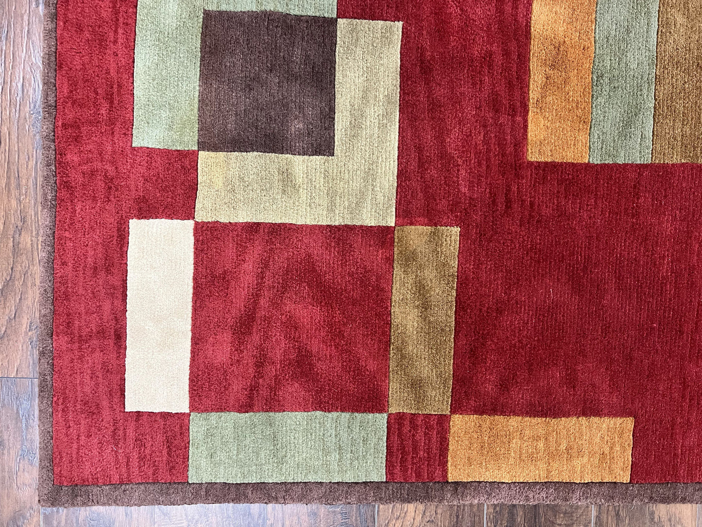 Indo Tibetan Modern Rug 5x8, Abstract Rug 5 x 8 ft, Red Multicolor Wool Handmade Contemporary Area Rug