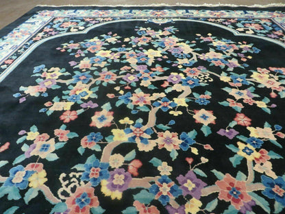 Art Deco Wool Rug Vintage Hand Knotted 8x10 Center Flower Black