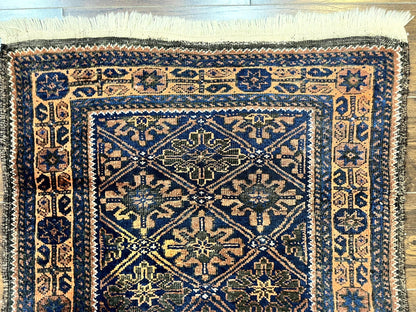 Small Antique Persian Rug 2.7 x 4.7, Handmade Wool Rug, Navy Blue, Balouch Rug, Tribal Rug