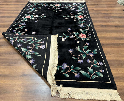 Chinese Wool Rug 6x9 Vintage Black Floral Minimal Design Art Deco Handmade Hand Knotted