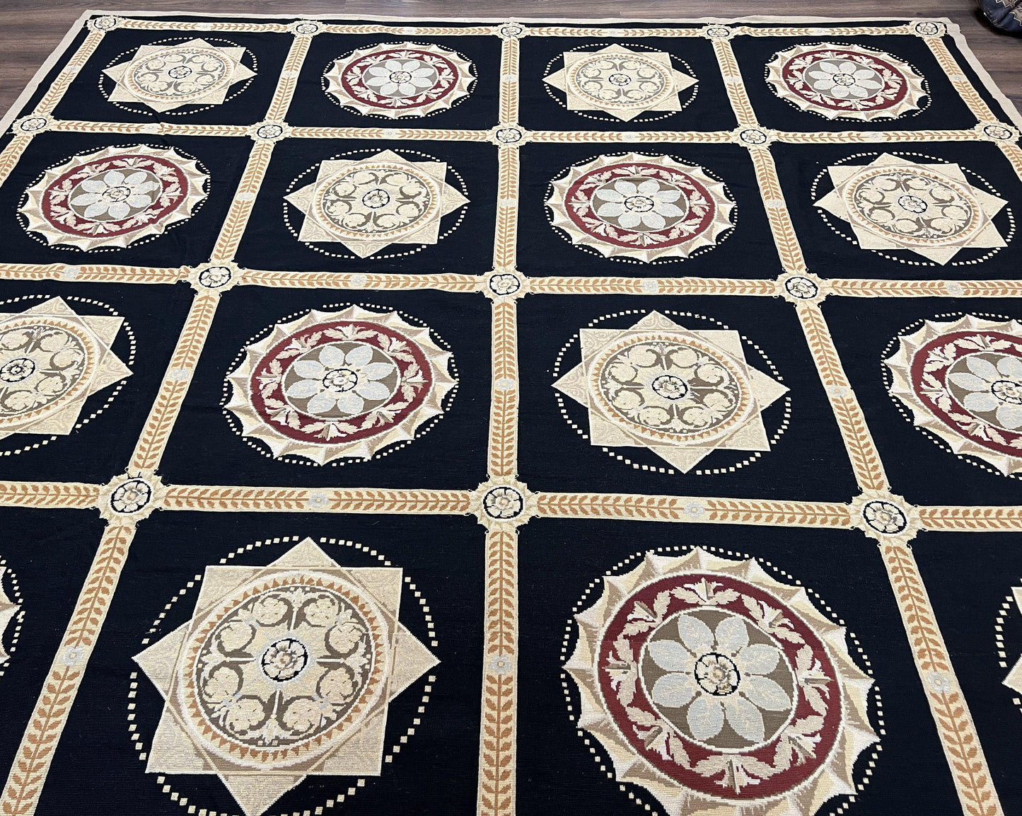 Large Needlepoint Rug 10x13, Panel Design, Black and Beige, Wool Needlepoint Carpet 10 x 13, English Garden, Handwoven Area Rug, Living Room