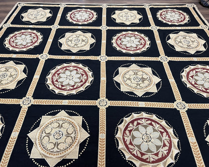 Large Needlepoint Rug 10x13, Panel Design, Black and Beige, Wool Needlepoint Carpet 10 x 13, English Garden, Handwoven Area Rug, Living Room
