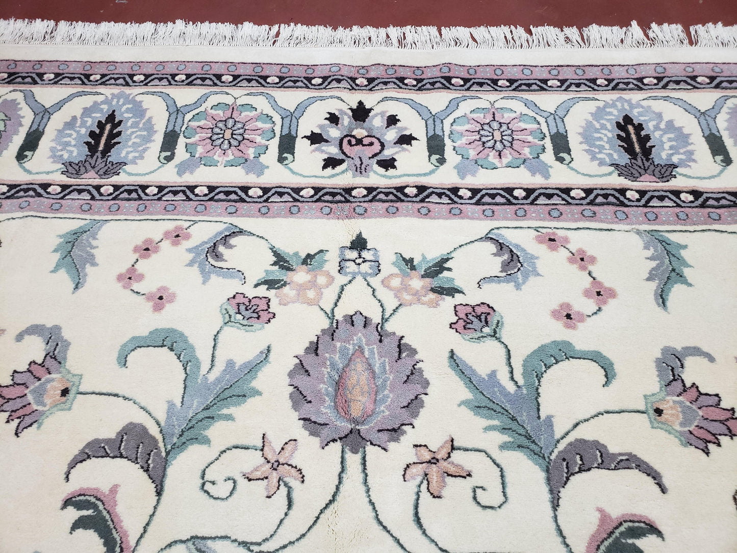 Ivory & Teal Indo Persian Area Rug 9x12, Wool Hand-Knotted Oriental Carpet, 9 x 12 Soft Traditional Living Room Rug, Dining Room Rug