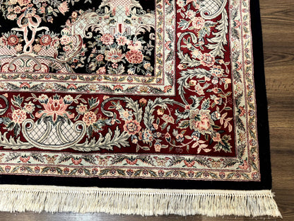 Sino Persian Rug 9x12 Black Floral Bouquets Vintage Hand Knotted Wool Silk