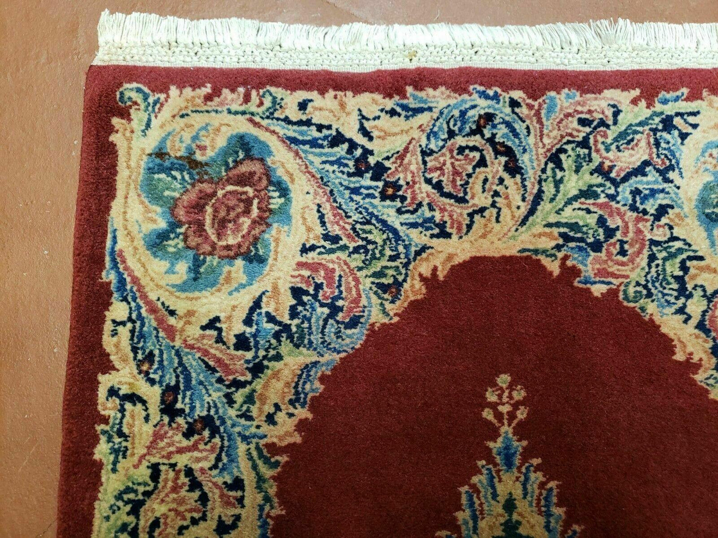 Persian Kirman Rug Hand Knotted Wool 2x4 Vintage Floral Medallion Red Beige
