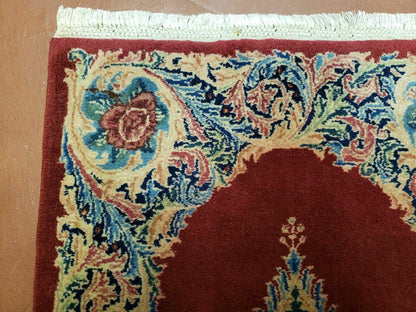 Persian Kirman Rug Hand Knotted Wool 2x4 Vintage Floral Medallion Red Beige