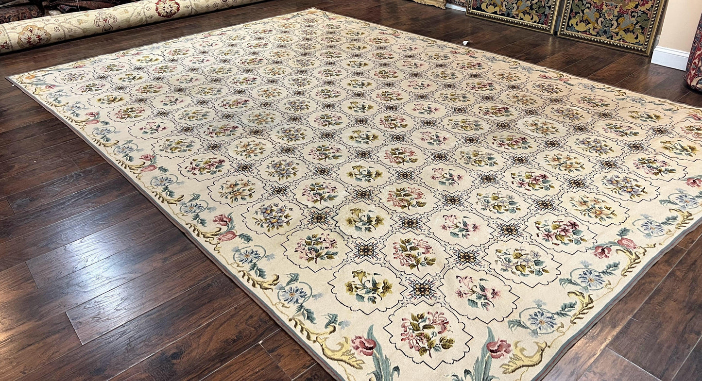 Needlepoint Rug 10x14, Wool Handmade Vintage Needlepoint Carpet, Floral Panel Design, Ivory/Cream