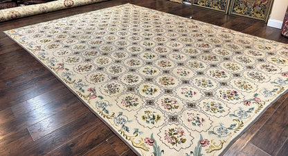 Needlepoint Rug 10x14, Wool Handmade Vintage Needlepoint Carpet, Floral Panel Design, Ivory/Cream