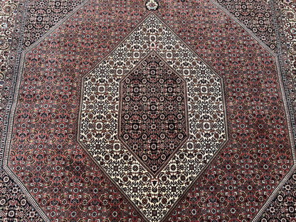 Persian Bidjar Rug 7x8 Ft Hand Knotted Wool Herati Mahi Ivory Red Navy Blue