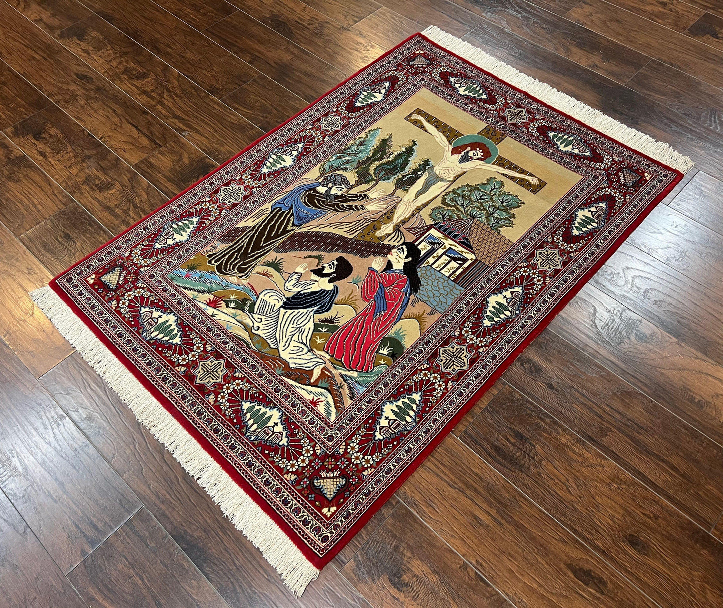 Persian Kashan Pictorial Rug 3x5 - Jesus on Cross