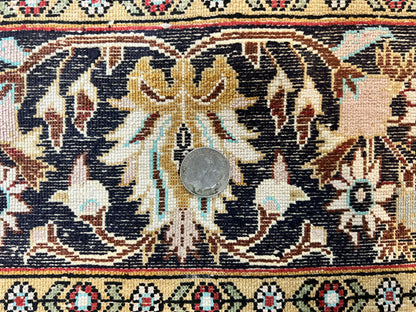 Silk Persian Qum Rug 4x5, Hand Knotted Vintage Carpet, Cream & Navy Blue, Silk Pile on Silk Foundation, Very Fine 360 KPSI
