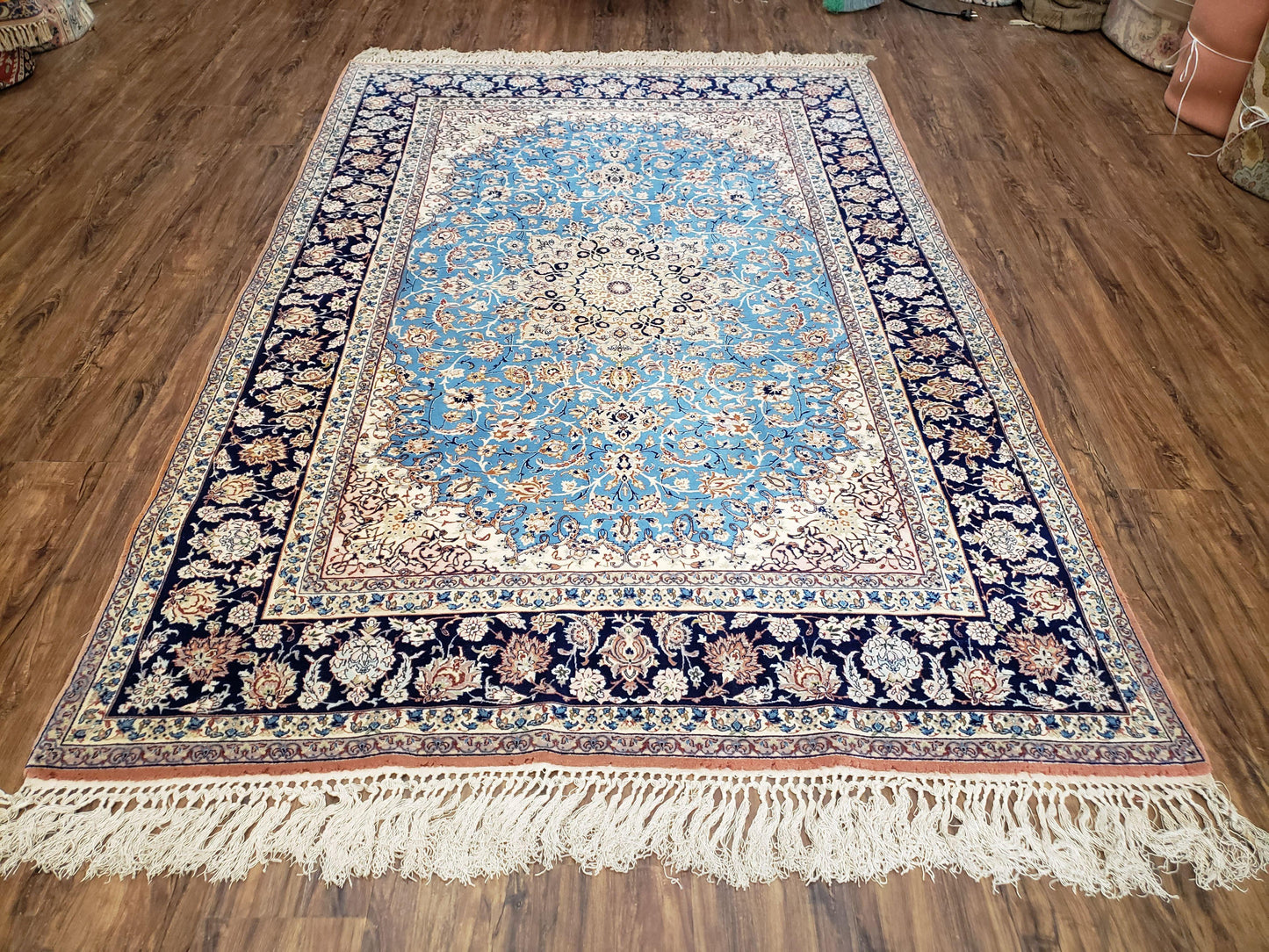 Persian Isfahan Rug Hand Knotted Kork Wool On Silk Foundation Sky Blue Vintage 5 Feet 1 Inch By 7 Feet 8 Inches