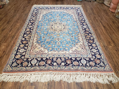 Persian Isfahan Rug Hand Knotted Kork Wool On Silk Foundation Sky Blue Vintage 5 Feet 1 Inch By 7 Feet 8 Inches
