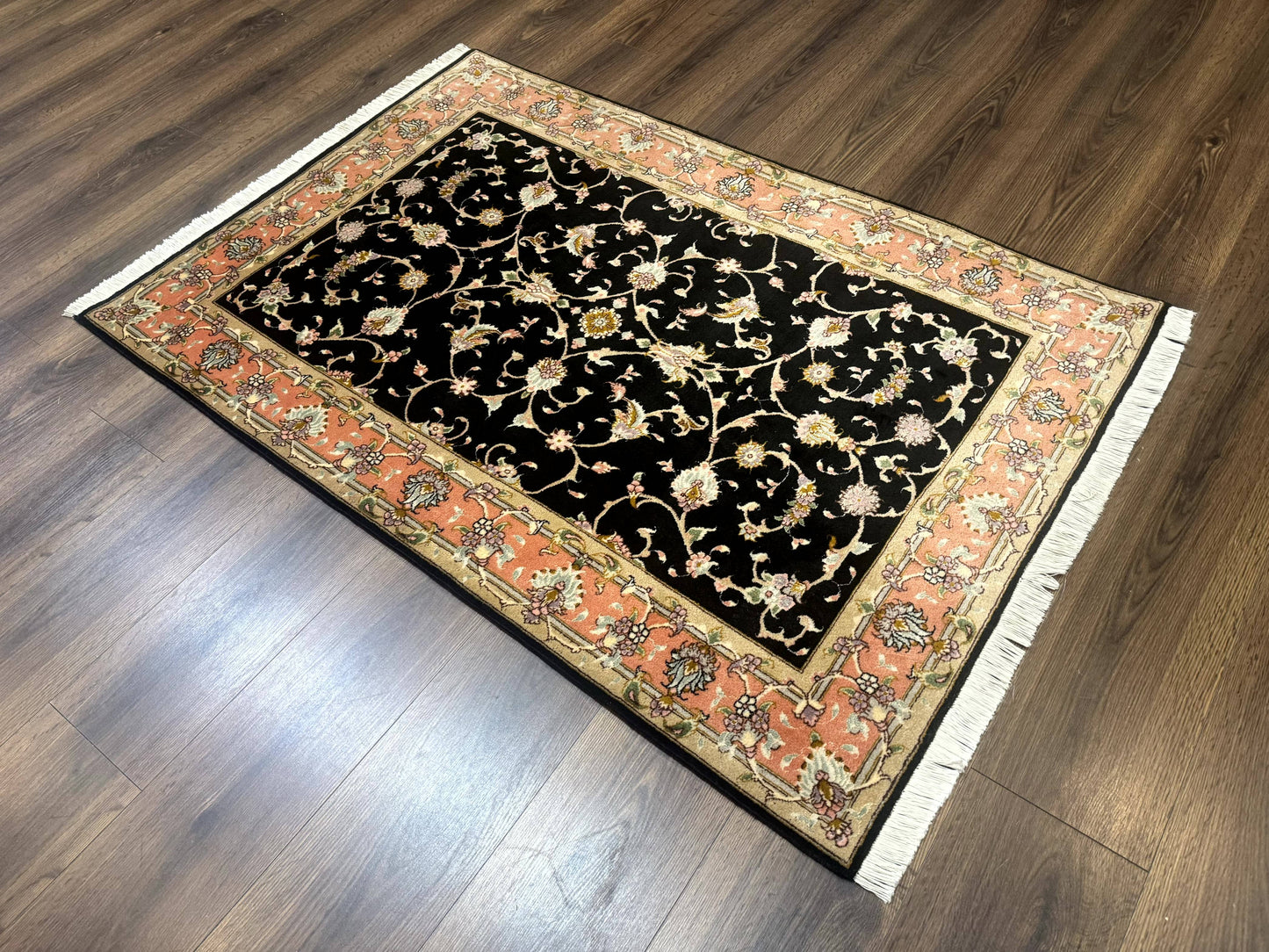 Persian Tabriz Rug 3x5 Black and Salmon Floral Fine Handmade 360 KPSI