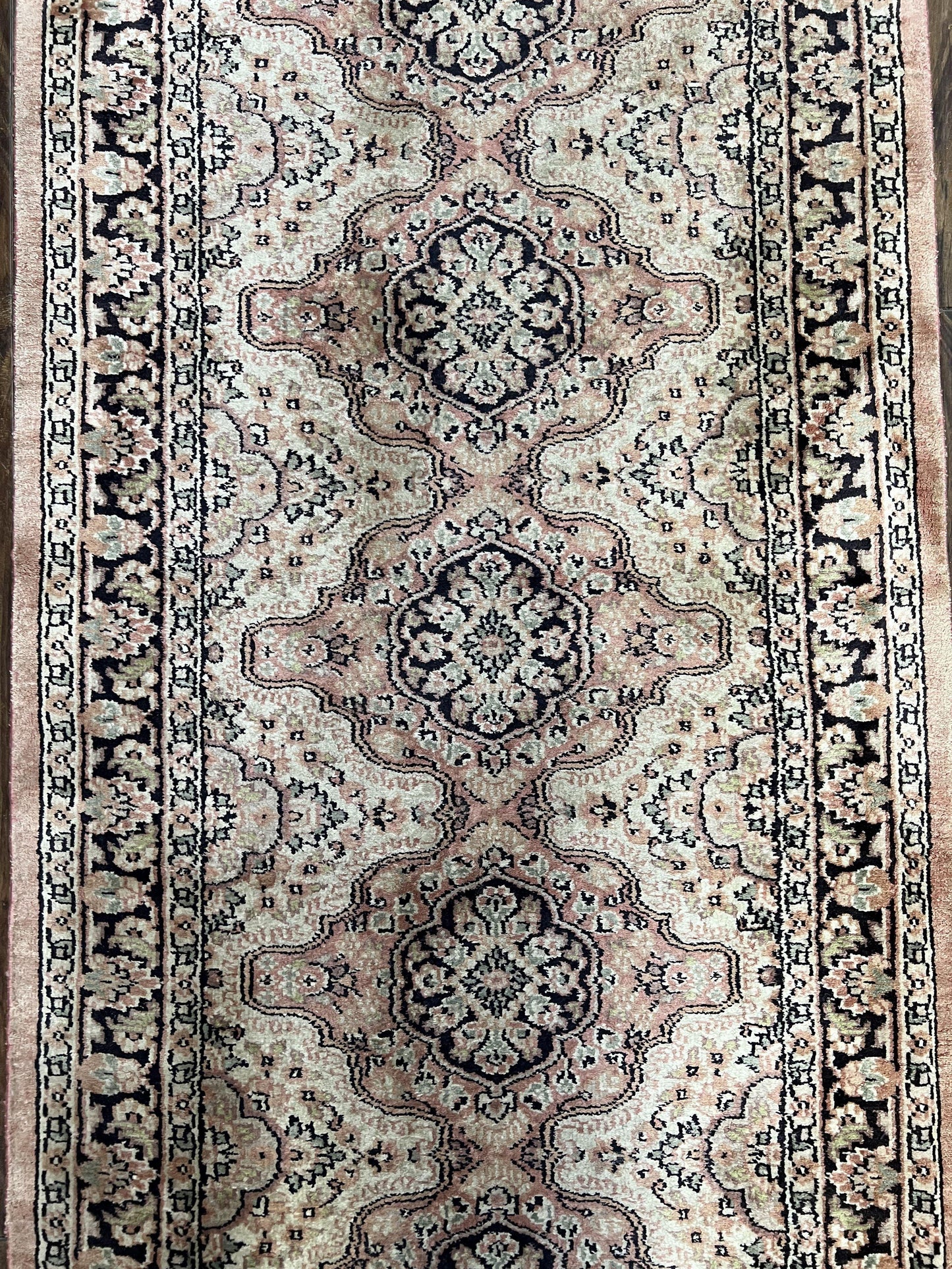Silk Kashmiri Runner Hand Knotted Vintage Hallway Carpet Ivory Pink Medallion