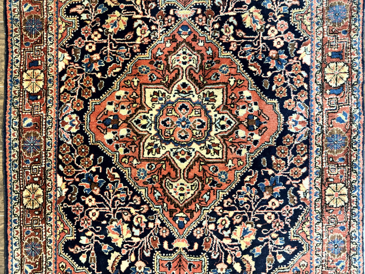 Persian Sarouk Rug 3.6 x 5, Medallion Rug, Red and Midnight Blue, Handmade Semi Antique Vintage Wool Carpet