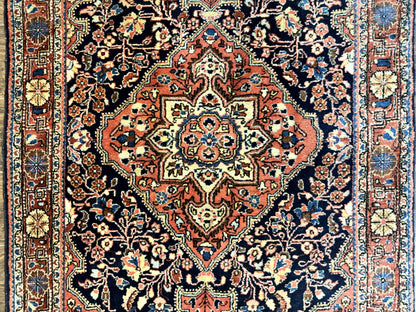 Persian Sarouk Rug 3.6 x 5, Medallion Rug, Red and Midnight Blue, Handmade Semi Antique Vintage Wool Carpet