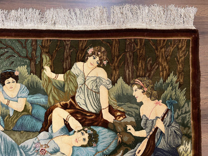 Persian Tabriz Pictorial Rug 5x3, Women Laying By River, Super Fine 60 Raj 480+ KPSI, Hand Knotted Wool Rug, Semi Antique Vintage Oriental Carpet